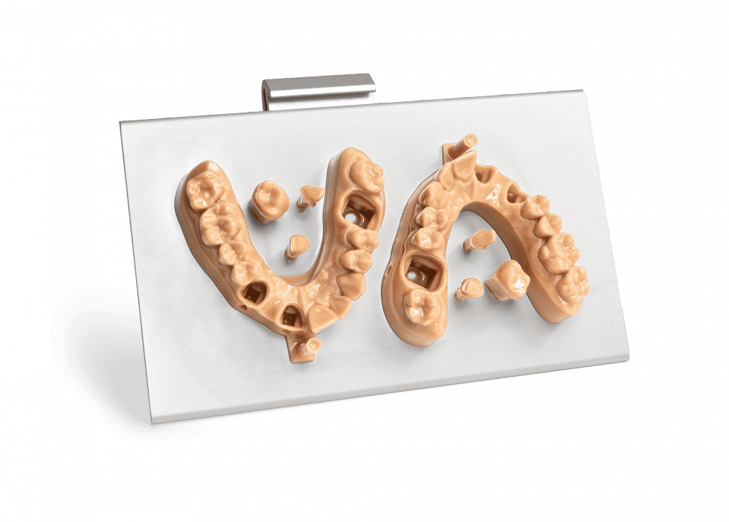 Two Crown and Bridge Models and abutments printed on the ONE's build platform