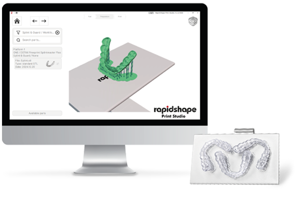 Image of Rapid Shape Print Studio next to three splints printed on the ONE's Build Platform