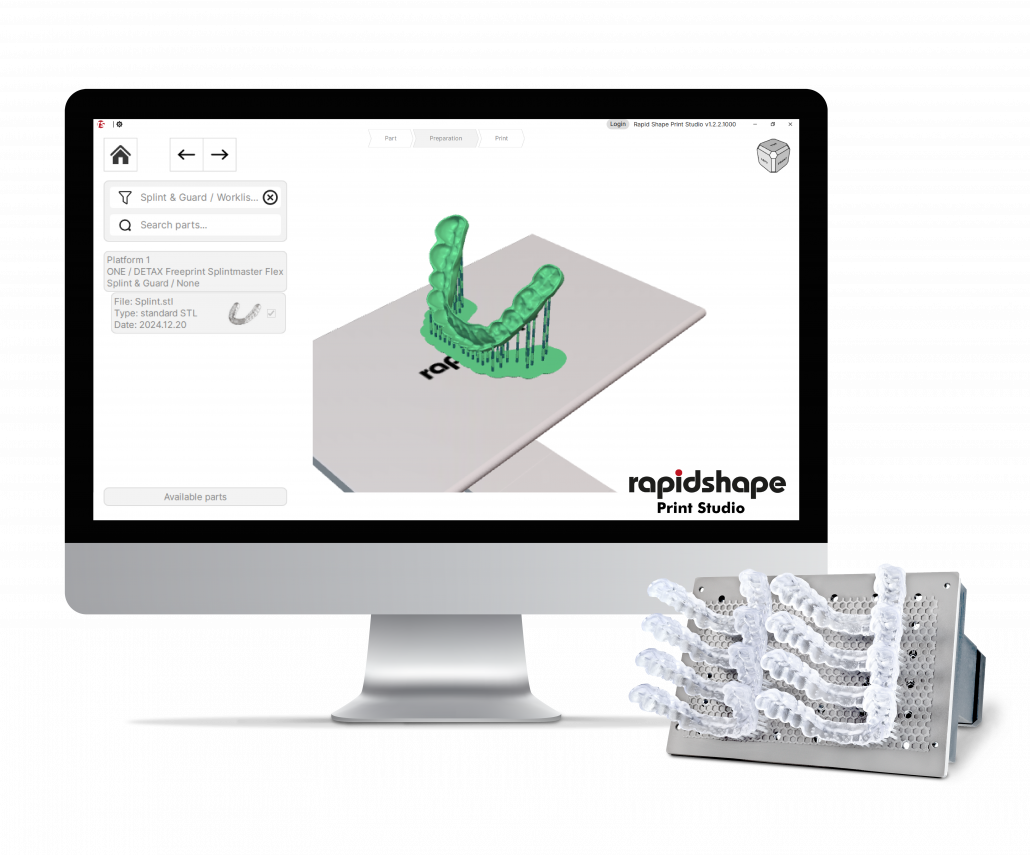 Image showcasing RS Print Studio on a computer screen with dental 3D printed splints next to it