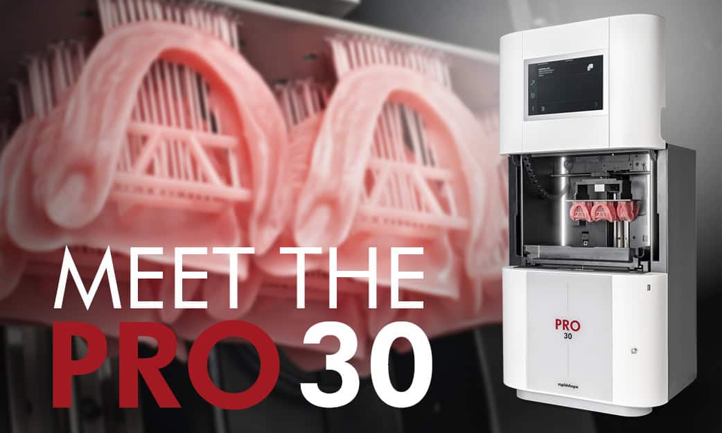 Image shows a headshot of Dr. Neeraj Surathu with a printed dental model and the 3D printer PRO 20