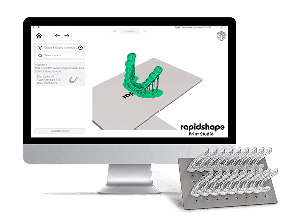Image of Rapid Shape Print Studio next to eighteen dental splints 3D printed on the PRO 30's Splints