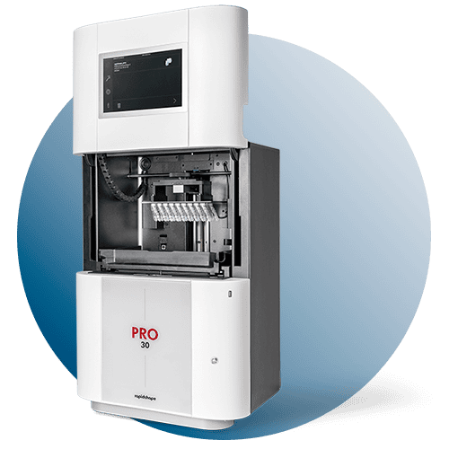 PRO 30 with open hood showing 3D printed splints on the build platform