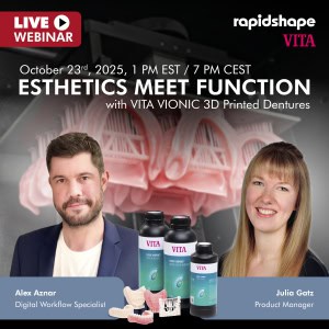 Image showing Alex Aznar, Digital Workflow Specialist and Julia Gatz, Product Manager. In the backdrop you see printed denture bases on a build platform inside an opend PRO 30 printer